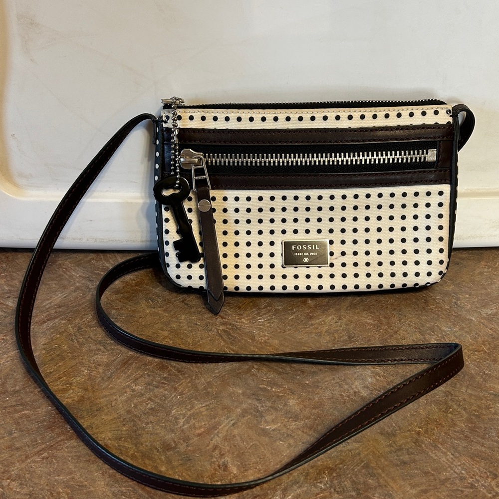 Fossil Black & White Polka Dot Mini Dawson Crossbody Purse